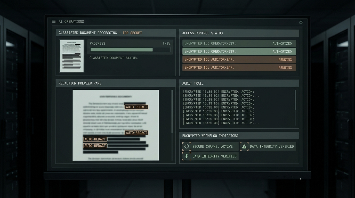 Dark themed UI mockup of a government secure document processing system, showing classified document analysis with redaction tools, security clearance badges, and encrypted data indicators — austere, high-security aesthetic with dark interface